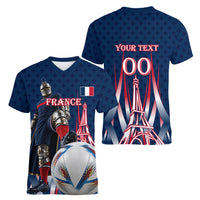 Personalized France Football Knight Women V-Neck T-Shirt Medieval Knight Soccer Concept With Eiffel Tower