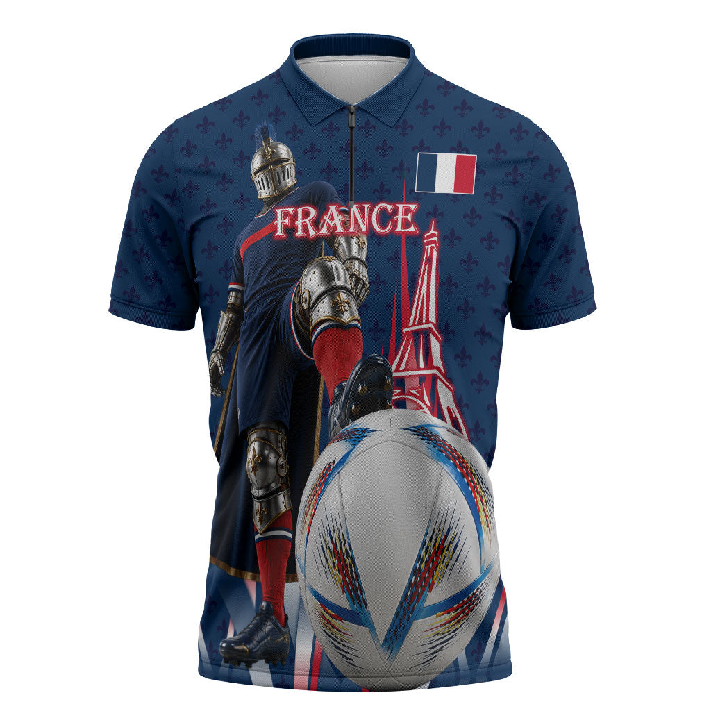 Personalized France Football Knight Zipper Polo Shirt Medieval Knight Soccer Concept With Eiffel Tower