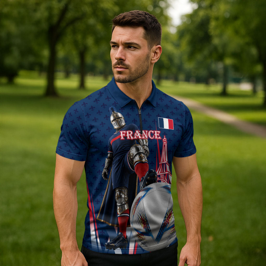 Personalized France Football Knight Zipper Polo Shirt Medieval Knight Soccer Concept With Eiffel Tower