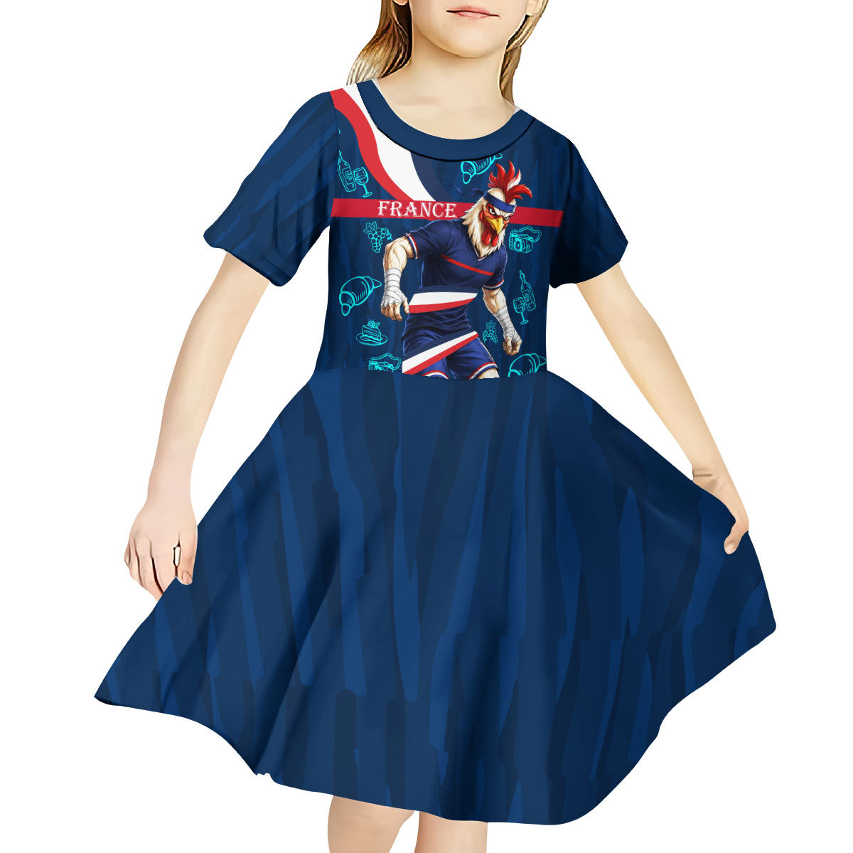 Personalized France Gallic Rooster Football Kid Short Sleeve Dress Rooster Mascot French Culture Doodle