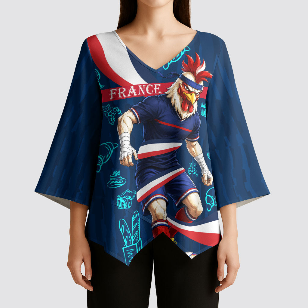 Personalized France Gallic Rooster Football Kimono Sleeve Blouse Rooster Mascot French Culture Doodle