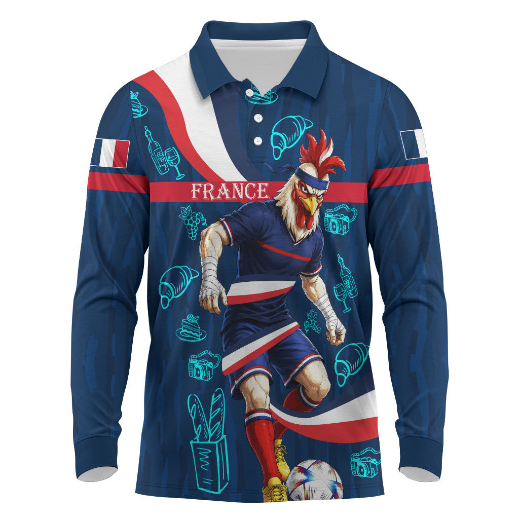 Personalized France Gallic Rooster Football Long Sleeve Polo Shirt Rooster Mascot French Culture Doodle