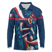Personalized France Gallic Rooster Football Long Sleeve Polo Shirt Rooster Mascot French Culture Doodle
