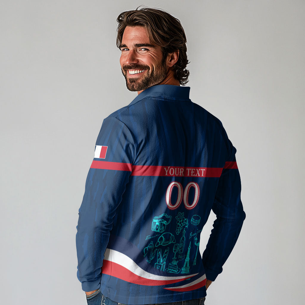 Personalized France Gallic Rooster Football Long Sleeve Polo Shirt Rooster Mascot French Culture Doodle