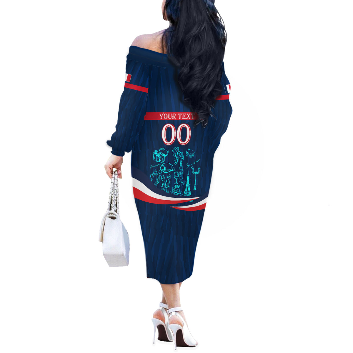 Personalized France Gallic Rooster Football Off The Shoulder Long Sleeve Dress Rooster Mascot French Culture Doodle