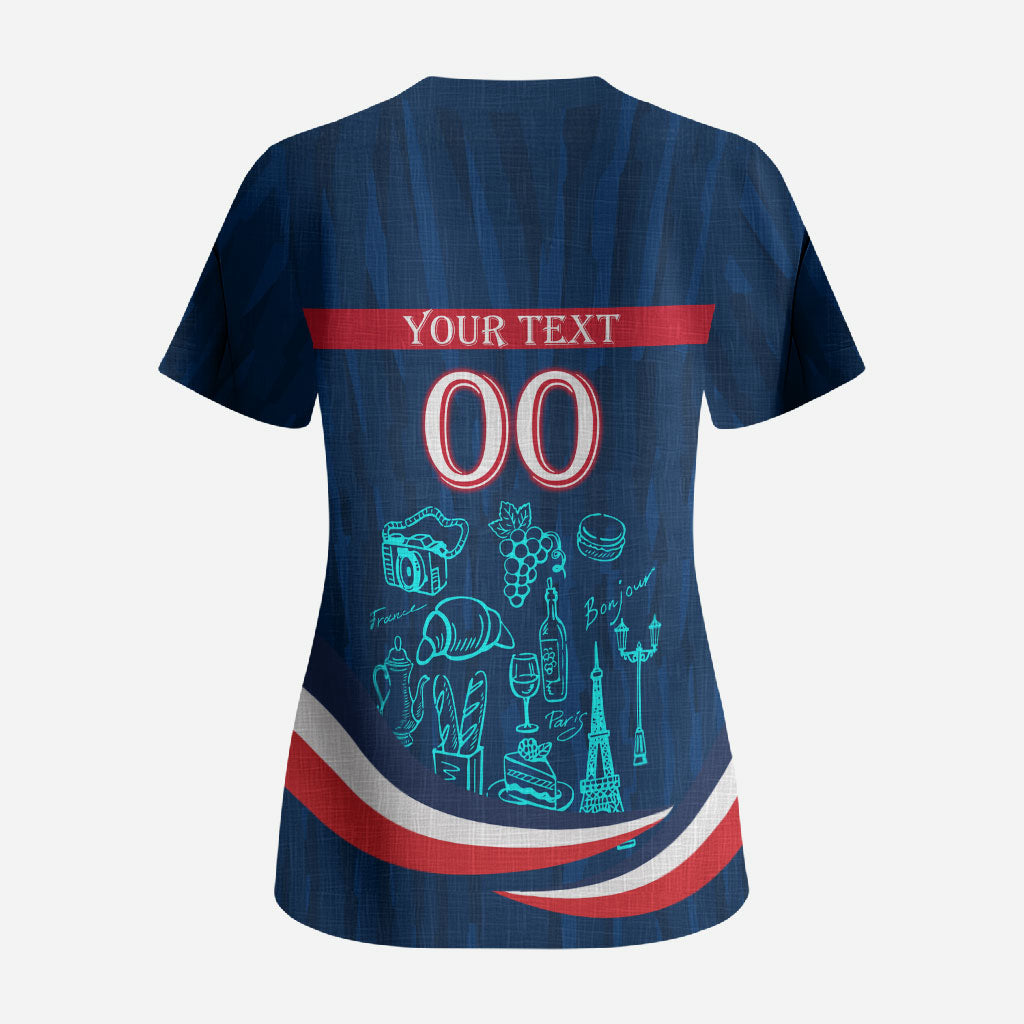 Personalized France Gallic Rooster Football Scrub Top Rooster Mascot French Culture Doodle
