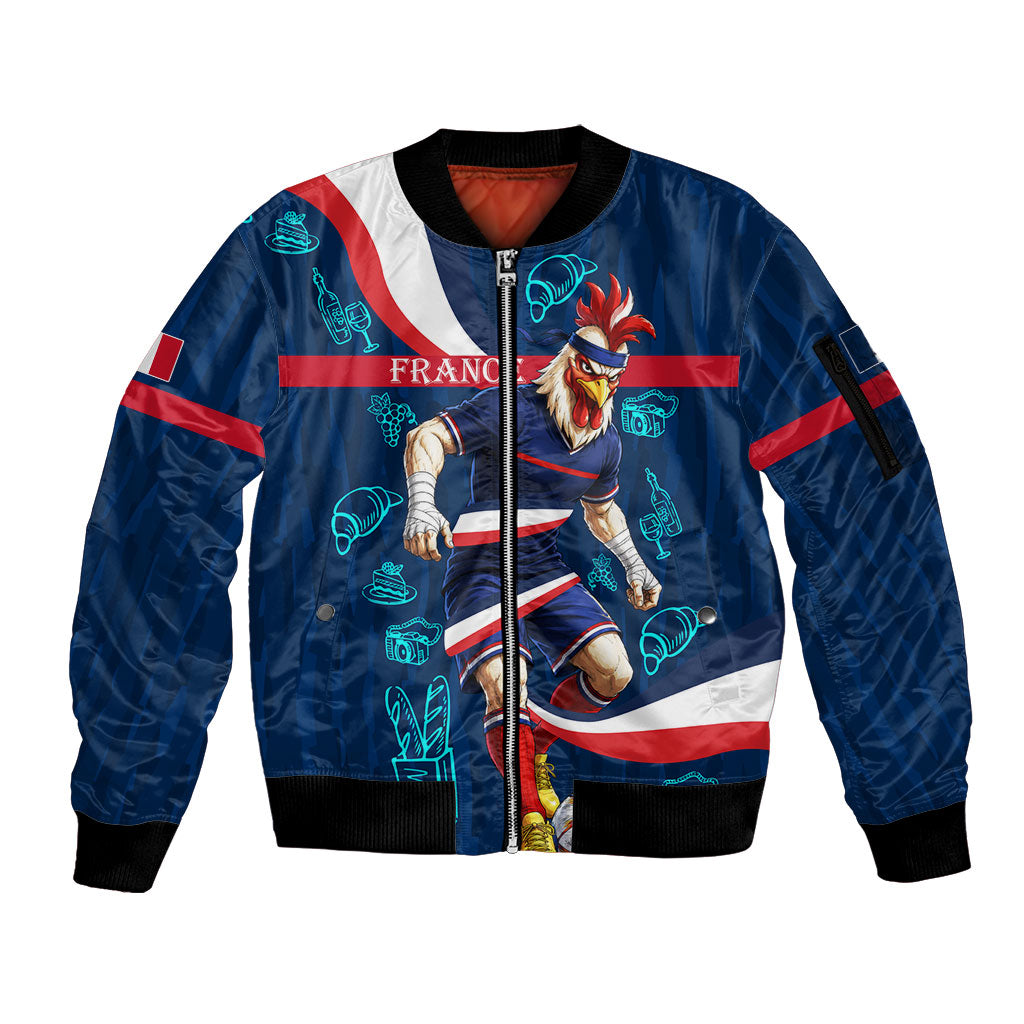 Personalized France Gallic Rooster Football Sleeve Zip Bomber Jacket Rooster Mascot French Culture Doodle
