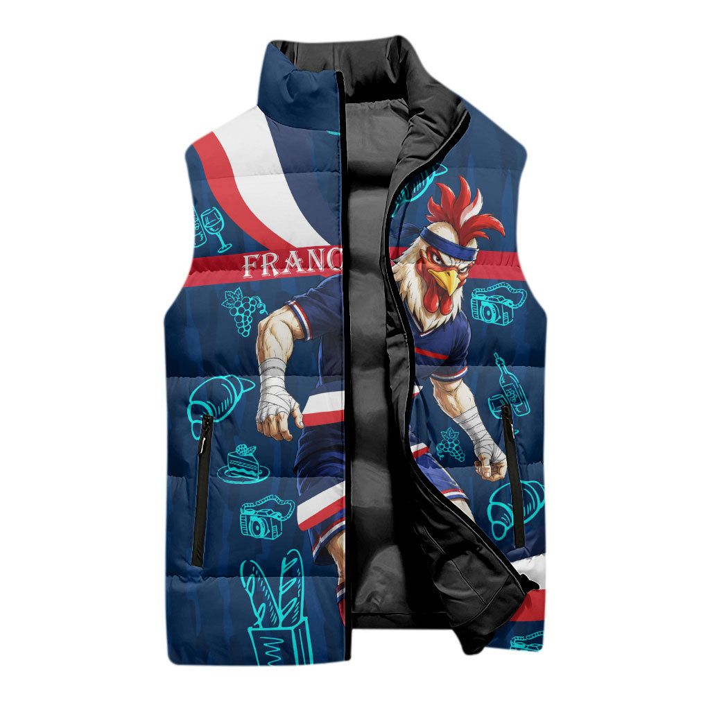 Personalized France Gallic Rooster Football Sleeveless Puffer Jacket Rooster Mascot French Culture Doodle