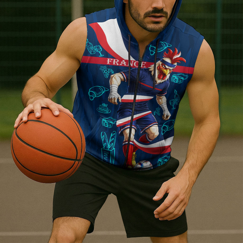Personalized France Gallic Rooster Football Sleeveless Zip Hoodie Rooster Mascot French Culture Doodle