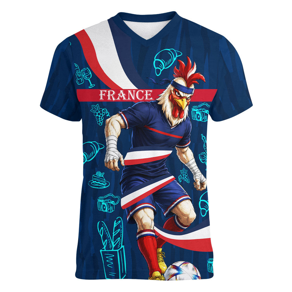 Personalized France Gallic Rooster Football Women V-Neck T-Shirt Rooster Mascot French Culture Doodle