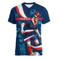 Personalized France Gallic Rooster Football Women V-Neck T-Shirt Rooster Mascot French Culture Doodle