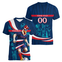 Personalized France Gallic Rooster Football Women V-Neck T-Shirt Rooster Mascot French Culture Doodle