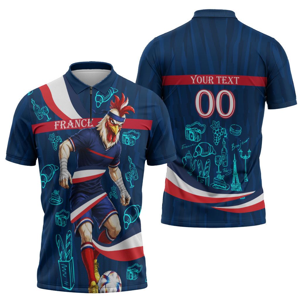 Personalized France Gallic Rooster Football Zipper Polo Shirt Rooster Mascot French Culture Doodle