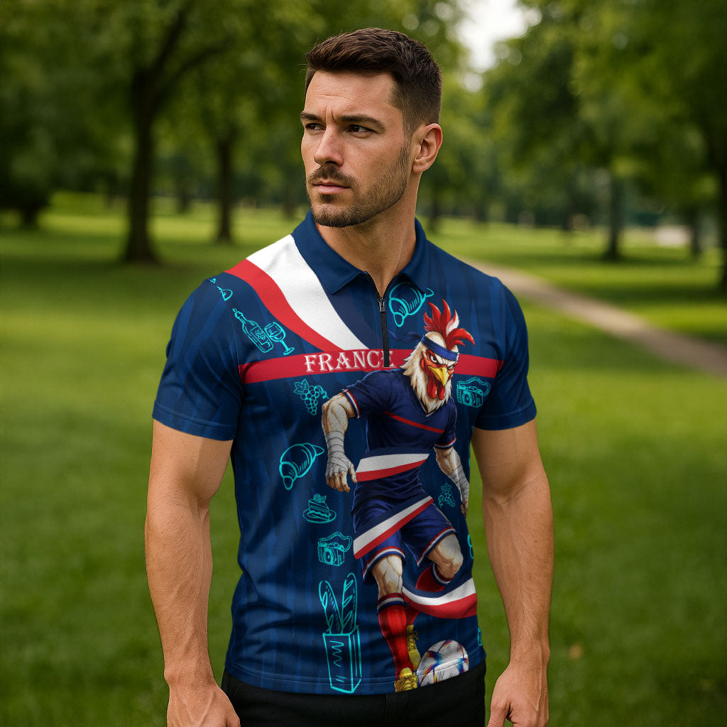 Personalized France Gallic Rooster Football Zipper Polo Shirt Rooster Mascot French Culture Doodle
