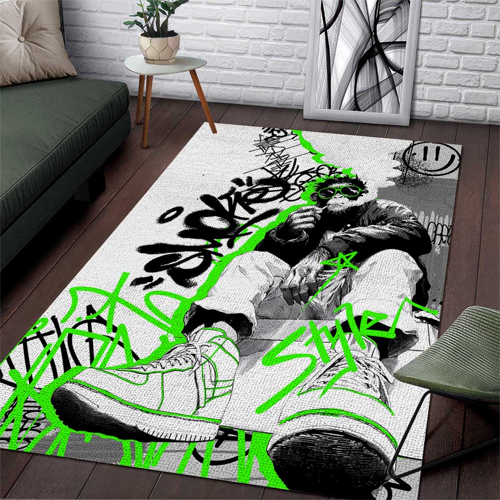 Street Style Graffiti Area Rug with Smoking Monkey and Neon Green - Wonder Print Shop
