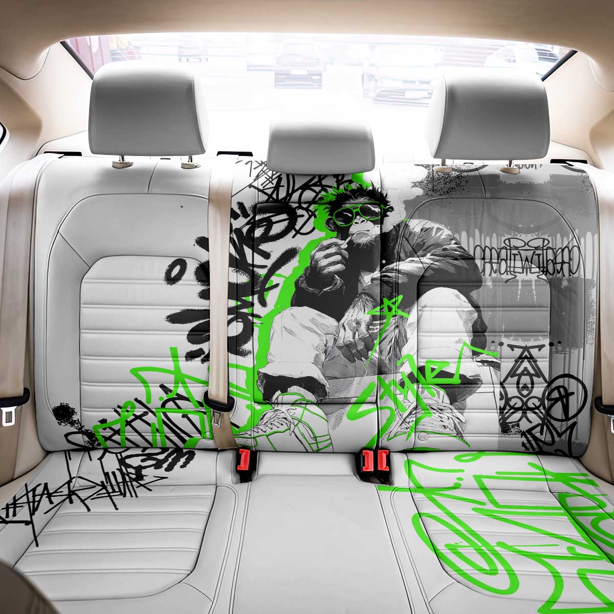 Street Style Graffiti Back Car Seat Cover with Smoking Monkey and Neon Green - Wonder Print Shop