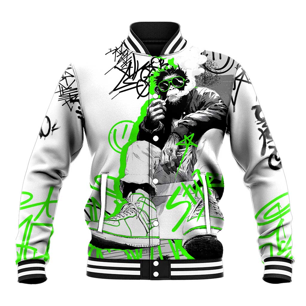 Street Style Graffiti Baseball Jacket with Smoking Monkey and Neon Green - Wonder Print Shop