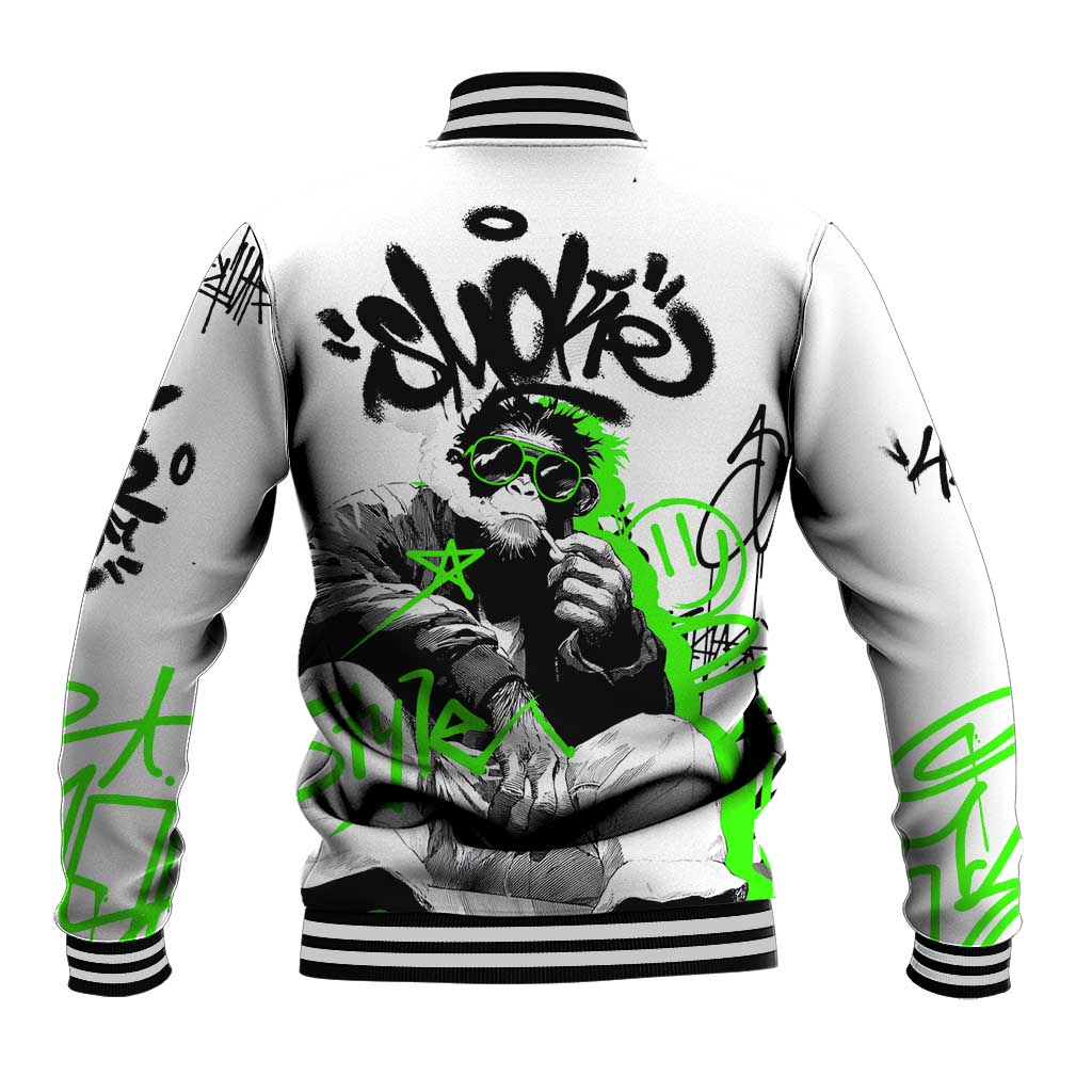 Street Style Graffiti Baseball Jacket with Smoking Monkey and Neon Green - Wonder Print Shop