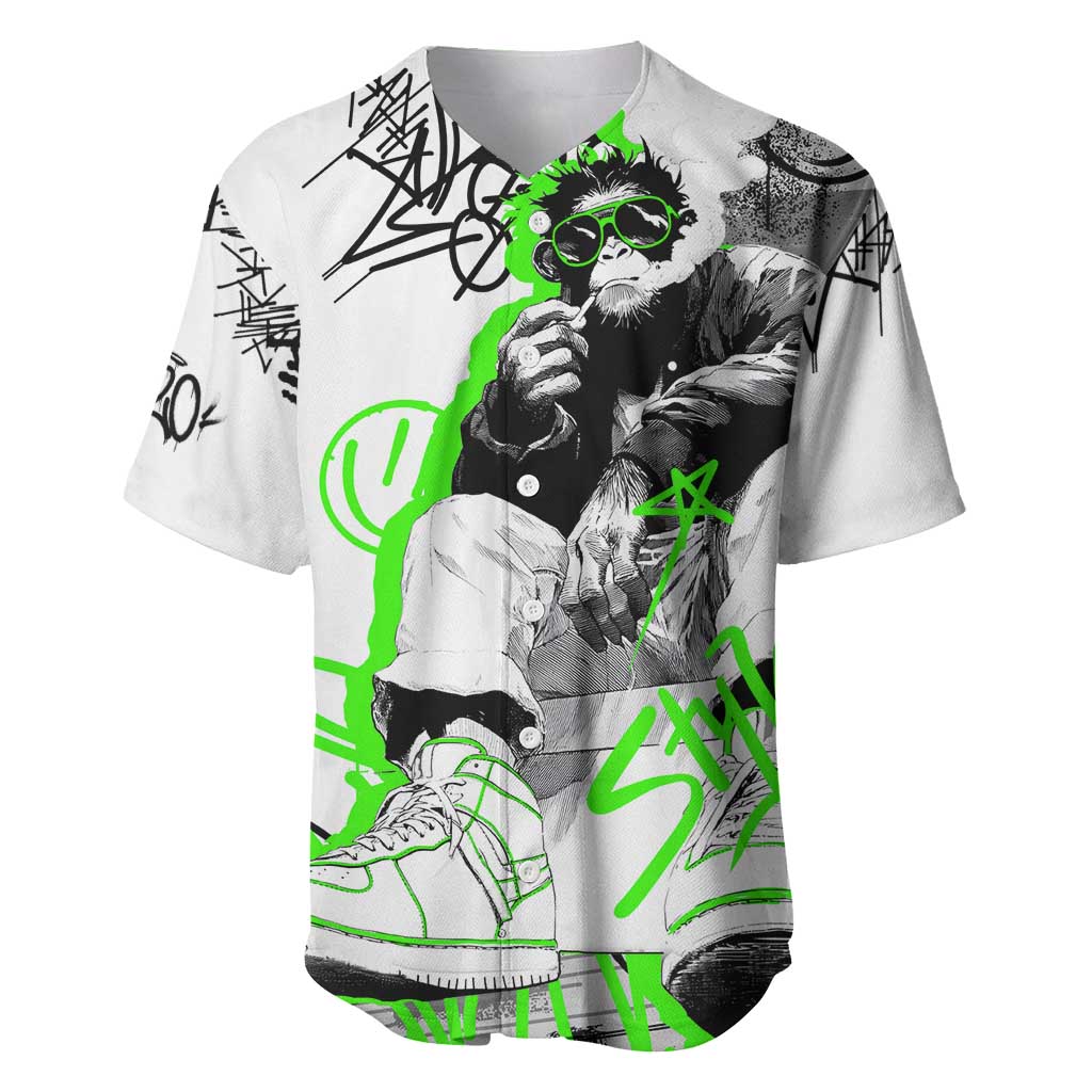 Street Style Graffiti Baseball Jersey with Smoking Monkey and Neon Green - Wonder Print Shop