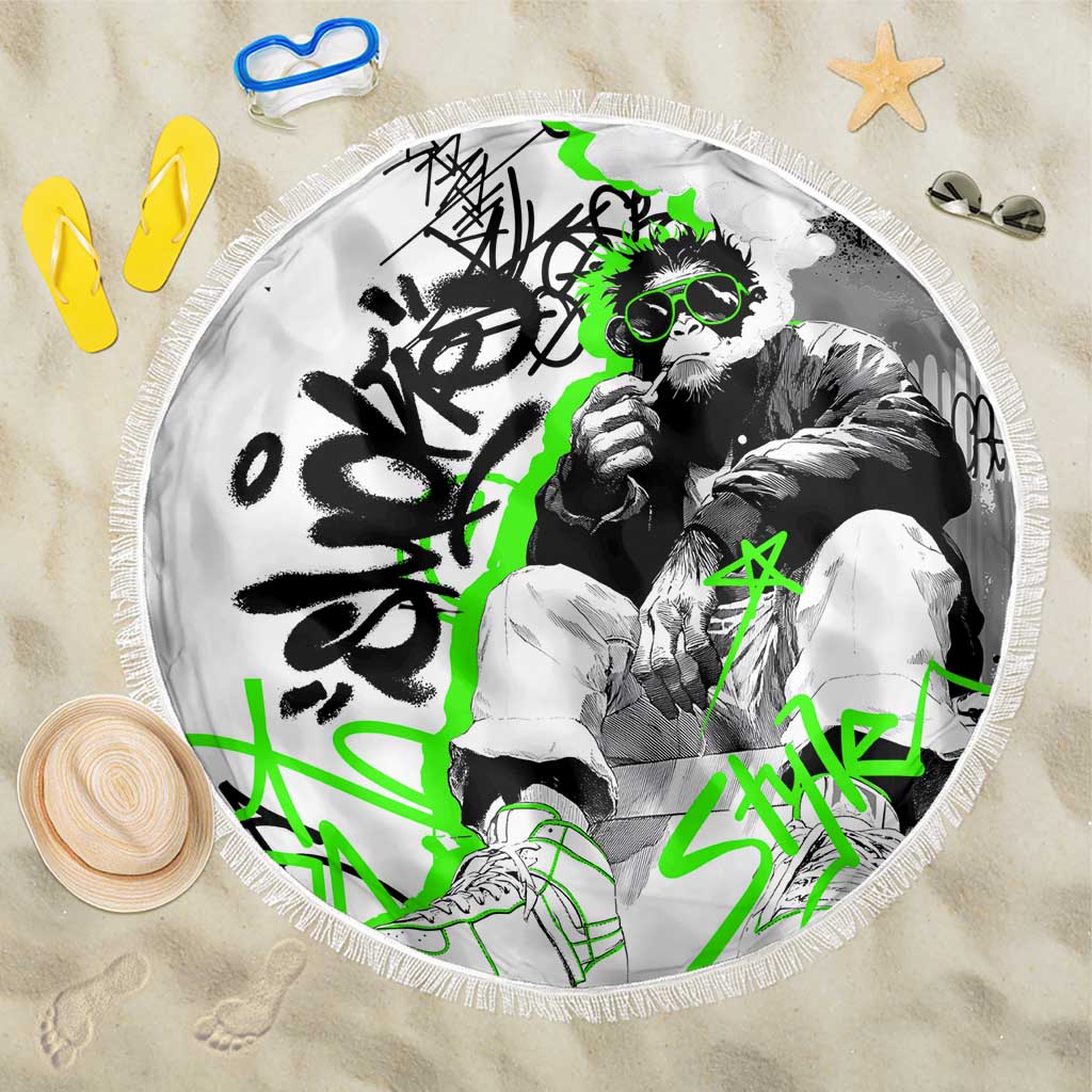 Street Style Graffiti Beach Blanket with Smoking Monkey and Neon Green - Wonder Print Shop