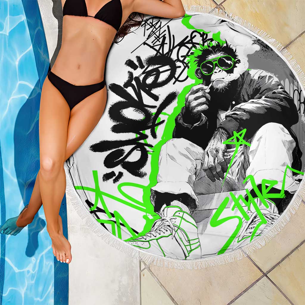 Street Style Graffiti Beach Blanket with Smoking Monkey and Neon Green - Wonder Print Shop