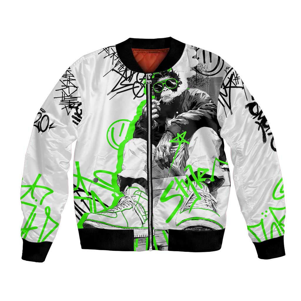 Street Style Graffiti Bomber Jacket with Smoking Monkey and Neon Green - Wonder Print Shop