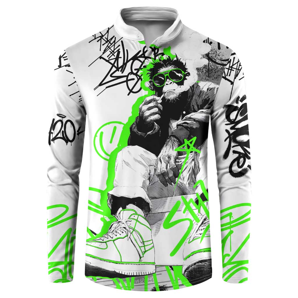 Street Style Graffiti Button Sweatshirt with Smoking Monkey and Neon Green - Wonder Print Shop