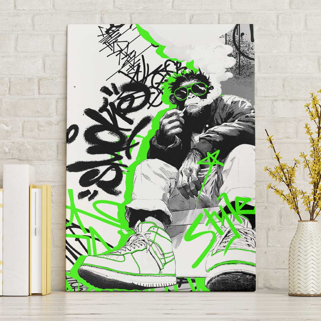 Street Style Graffiti Canvas Wall Art with Smoking Monkey and Neon Green - Wonder Print Shop