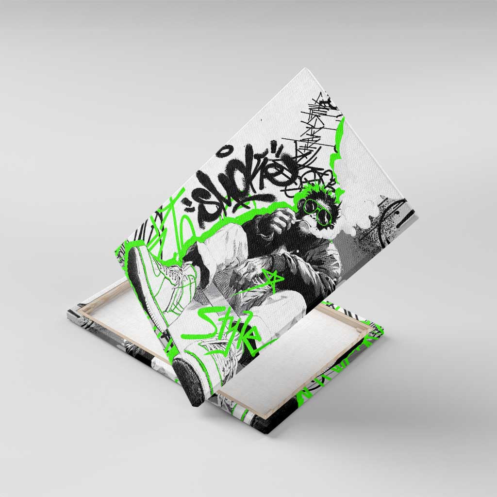 Street Style Graffiti Canvas Wall Art with Smoking Monkey and Neon Green - Wonder Print Shop