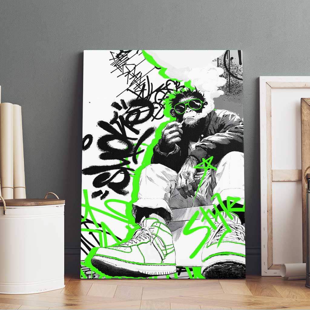 Street Style Graffiti Canvas Wall Art with Smoking Monkey and Neon Green - Wonder Print Shop