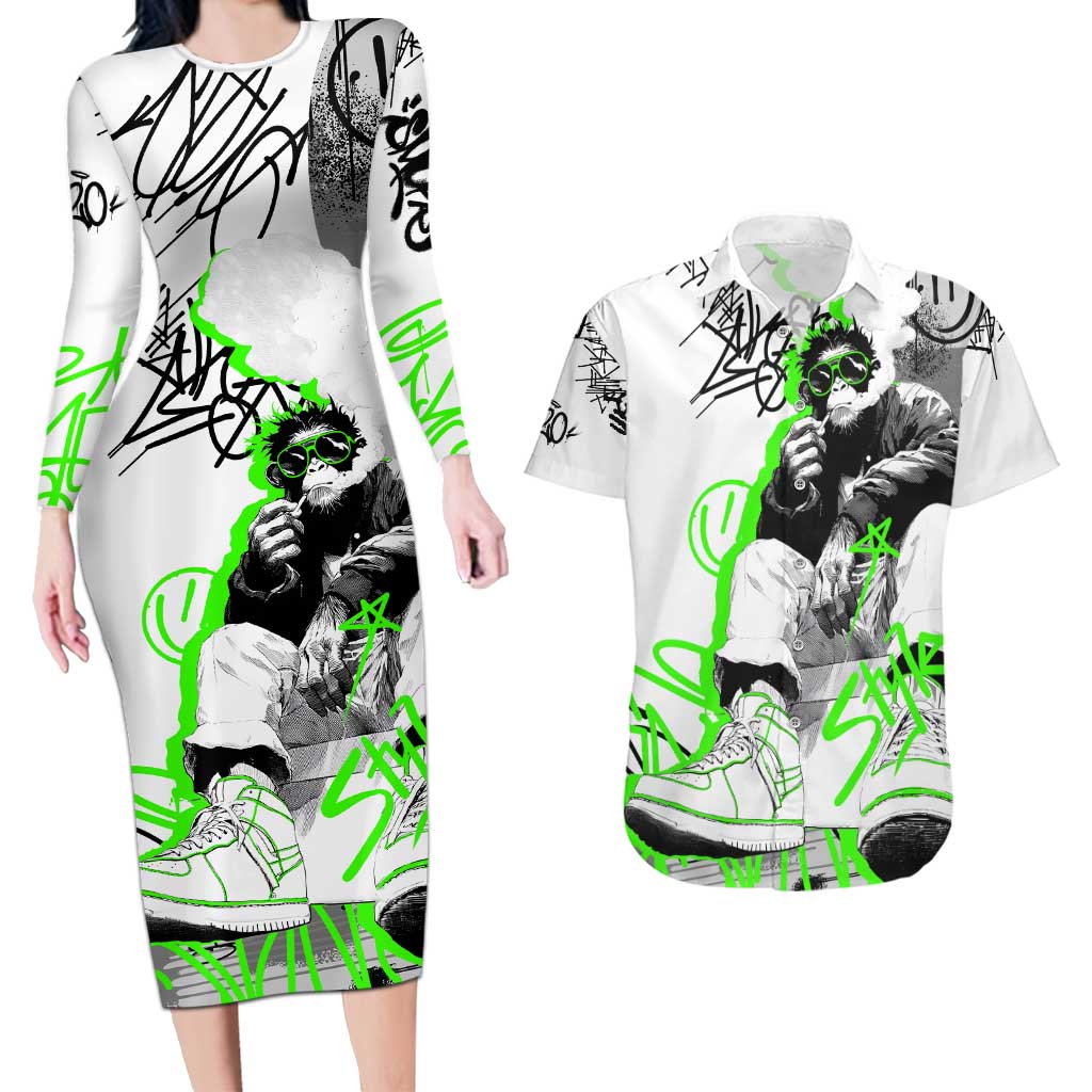 Street Style Graffiti Couples Matching Long Sleeve Bodycon Dress and Hawaiian Shirt with Smoking Monkey and Neon Green - Wonder Print Shop
