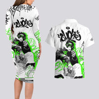 Street Style Graffiti Couples Matching Long Sleeve Bodycon Dress and Hawaiian Shirt with Smoking Monkey and Neon Green - Wonder Print Shop