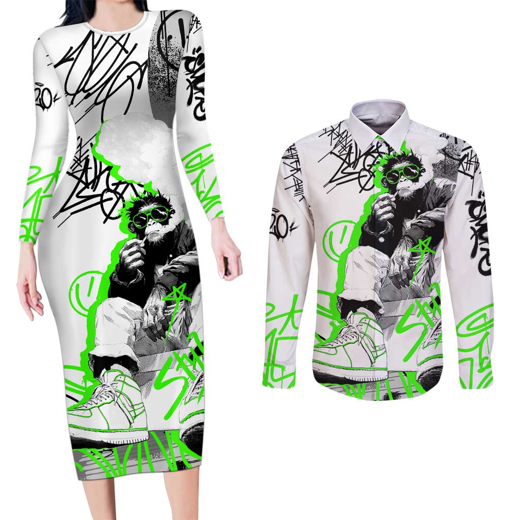 Street Style Graffiti Couples Matching Long Sleeve Bodycon Dress and Long Sleeve Button Shirt with Smoking Monkey and Neon Green - Wonder Print Shop