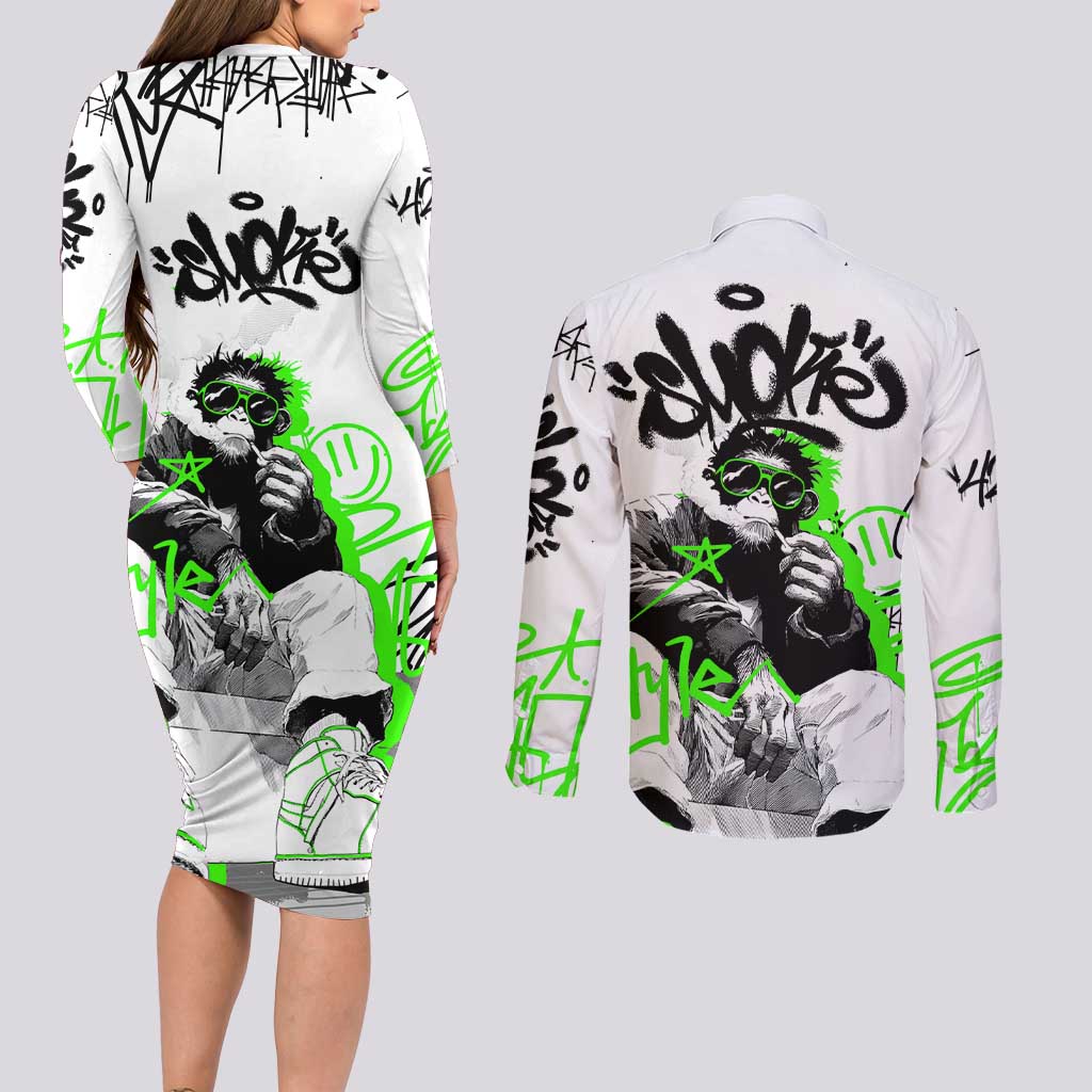 Street Style Graffiti Couples Matching Long Sleeve Bodycon Dress and Long Sleeve Button Shirt with Smoking Monkey and Neon Green - Wonder Print Shop