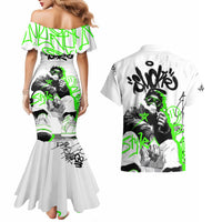Street Style Graffiti Couples Matching Mermaid Dress and Hawaiian Shirt with Smoking Monkey and Neon Green - Wonder Print Shop