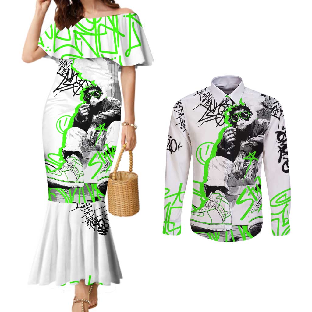 Street Style Graffiti Couples Matching Mermaid Dress and Long Sleeve Button Shirt with Smoking Monkey and Neon Green - Wonder Print Shop