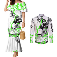 Street Style Graffiti Couples Matching Mermaid Dress and Long Sleeve Button Shirt with Smoking Monkey and Neon Green - Wonder Print Shop