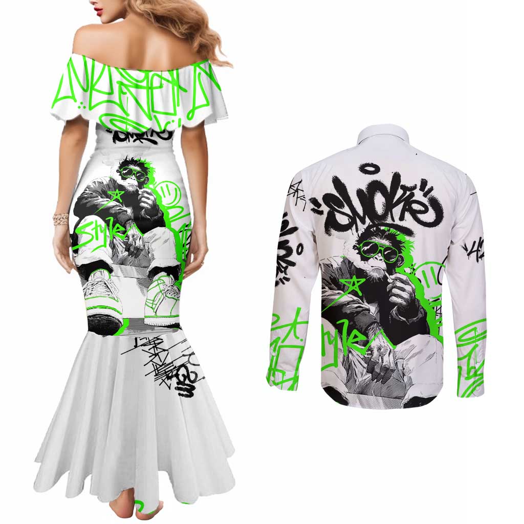 Street Style Graffiti Couples Matching Mermaid Dress and Long Sleeve Button Shirt with Smoking Monkey and Neon Green - Wonder Print Shop