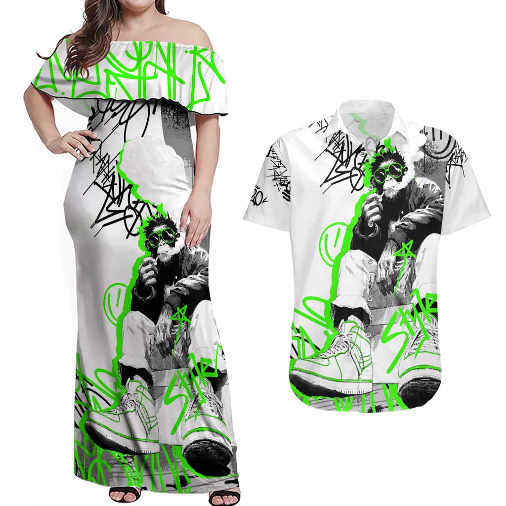 Street Style Graffiti Couples Matching Off Shoulder Maxi Dress and Hawaiian Shirt with Smoking Monkey and Neon Green - Wonder Print Shop