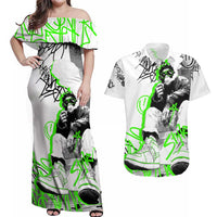 Street Style Graffiti Couples Matching Off Shoulder Maxi Dress and Hawaiian Shirt with Smoking Monkey and Neon Green - Wonder Print Shop