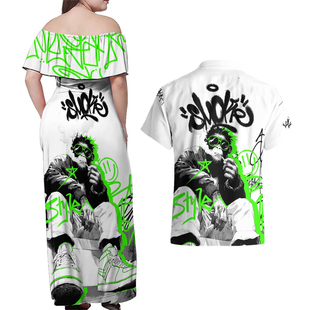 Street Style Graffiti Couples Matching Off Shoulder Maxi Dress and Hawaiian Shirt with Smoking Monkey and Neon Green - Wonder Print Shop