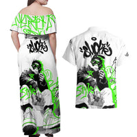 Street Style Graffiti Couples Matching Off Shoulder Maxi Dress and Hawaiian Shirt with Smoking Monkey and Neon Green - Wonder Print Shop