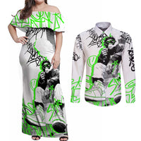 Street Style Graffiti Couples Matching Off Shoulder Maxi Dress and Long Sleeve Button Shirt with Smoking Monkey and Neon Green - Wonder Print Shop