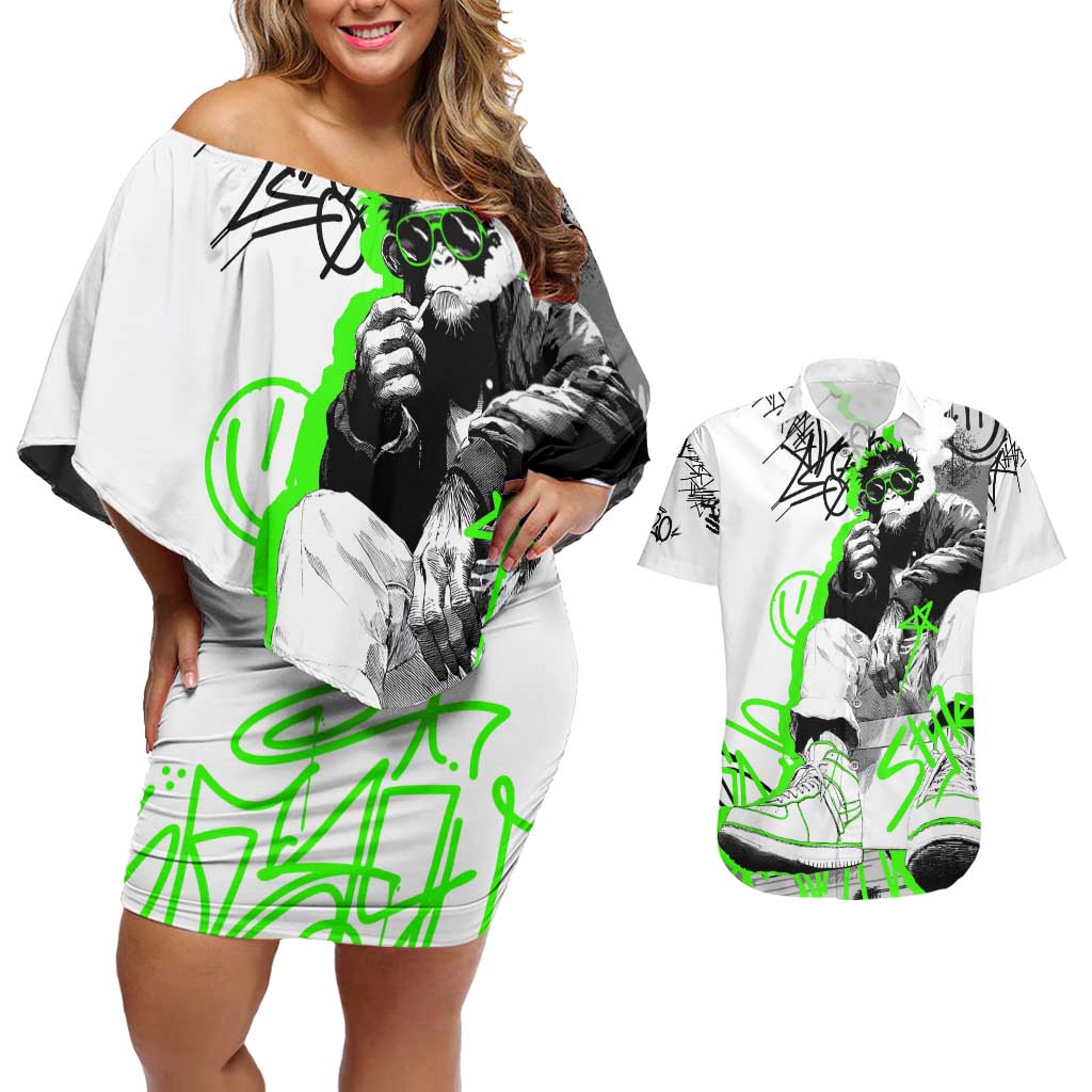 Street Style Graffiti Couples Matching Off Shoulder Short Dress and Hawaiian Shirt with Smoking Monkey and Neon Green - Wonder Print Shop