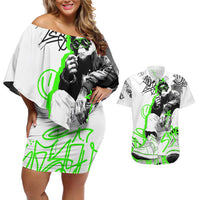 Street Style Graffiti Couples Matching Off Shoulder Short Dress and Hawaiian Shirt with Smoking Monkey and Neon Green - Wonder Print Shop