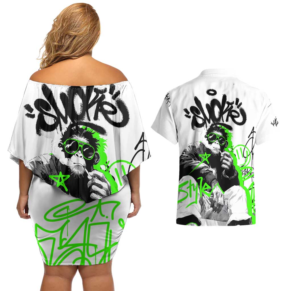 Street Style Graffiti Couples Matching Off Shoulder Short Dress and Hawaiian Shirt with Smoking Monkey and Neon Green - Wonder Print Shop