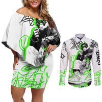 Street Style Graffiti Couples Matching Off Shoulder Short Dress and Long Sleeve Button Shirt with Smoking Monkey and Neon Green - Wonder Print Shop