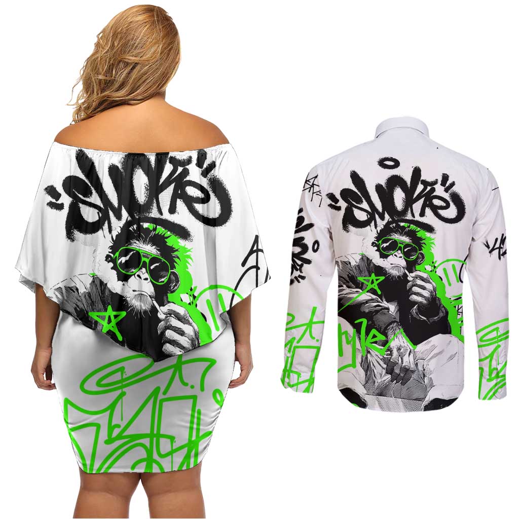 Street Style Graffiti Couples Matching Off Shoulder Short Dress and Long Sleeve Button Shirt with Smoking Monkey and Neon Green - Wonder Print Shop