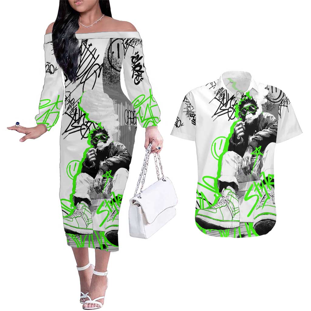 Street Style Graffiti Couples Matching Off The Shoulder Long Sleeve Dress and Hawaiian Shirt with Smoking Monkey and Neon Green - Wonder Print Shop