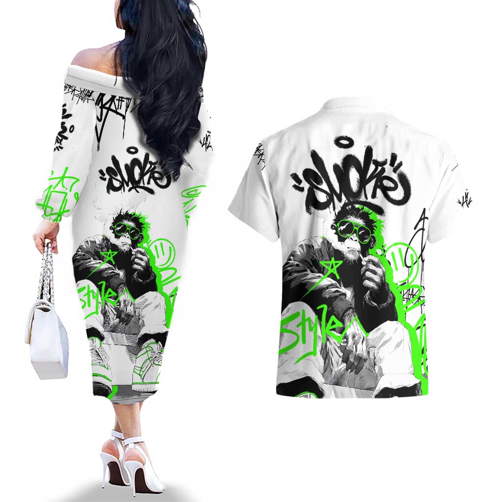 Street Style Graffiti Couples Matching Off The Shoulder Long Sleeve Dress and Hawaiian Shirt with Smoking Monkey and Neon Green - Wonder Print Shop